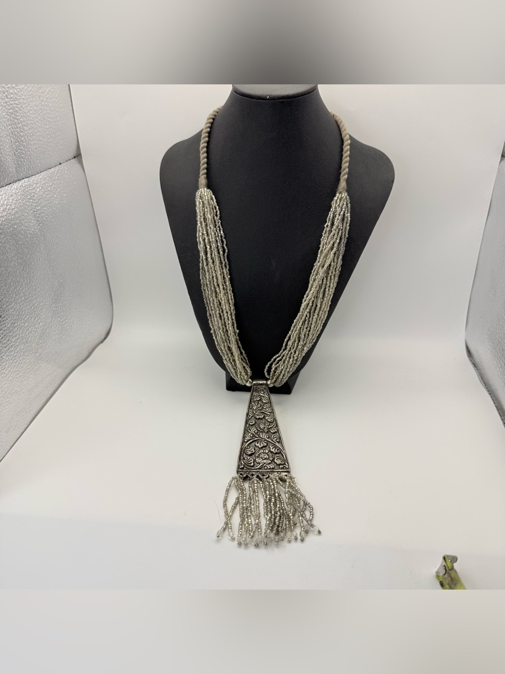 Vintage Boho Silver Multi Strand Beaded Tie Necklace Tribal Tassel Filigree Bib